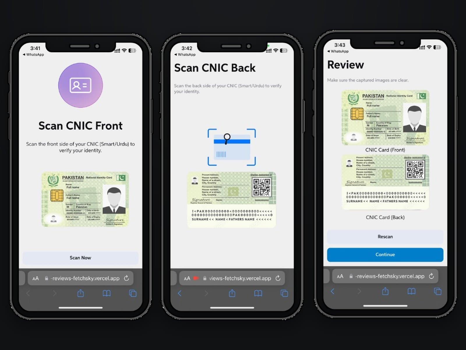 Three Kashf screens: Scan CNIC Front, Scan CNIC Back with a framing guide, and Review with both captures