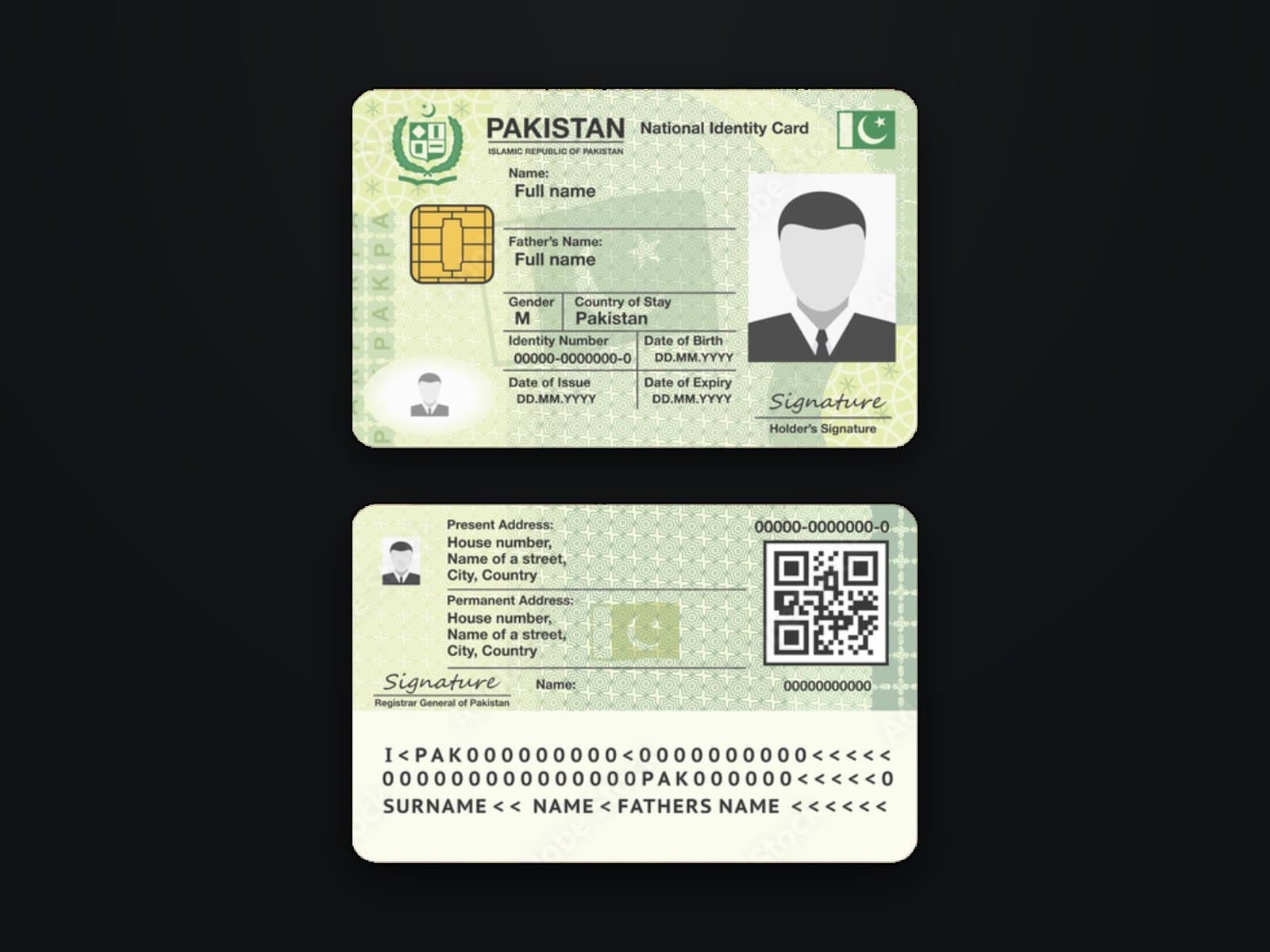 A specimen Pakistani CNIC, front and back, showing the fields Kashf reads: photo, name, ID number, dates, addresses and QR code