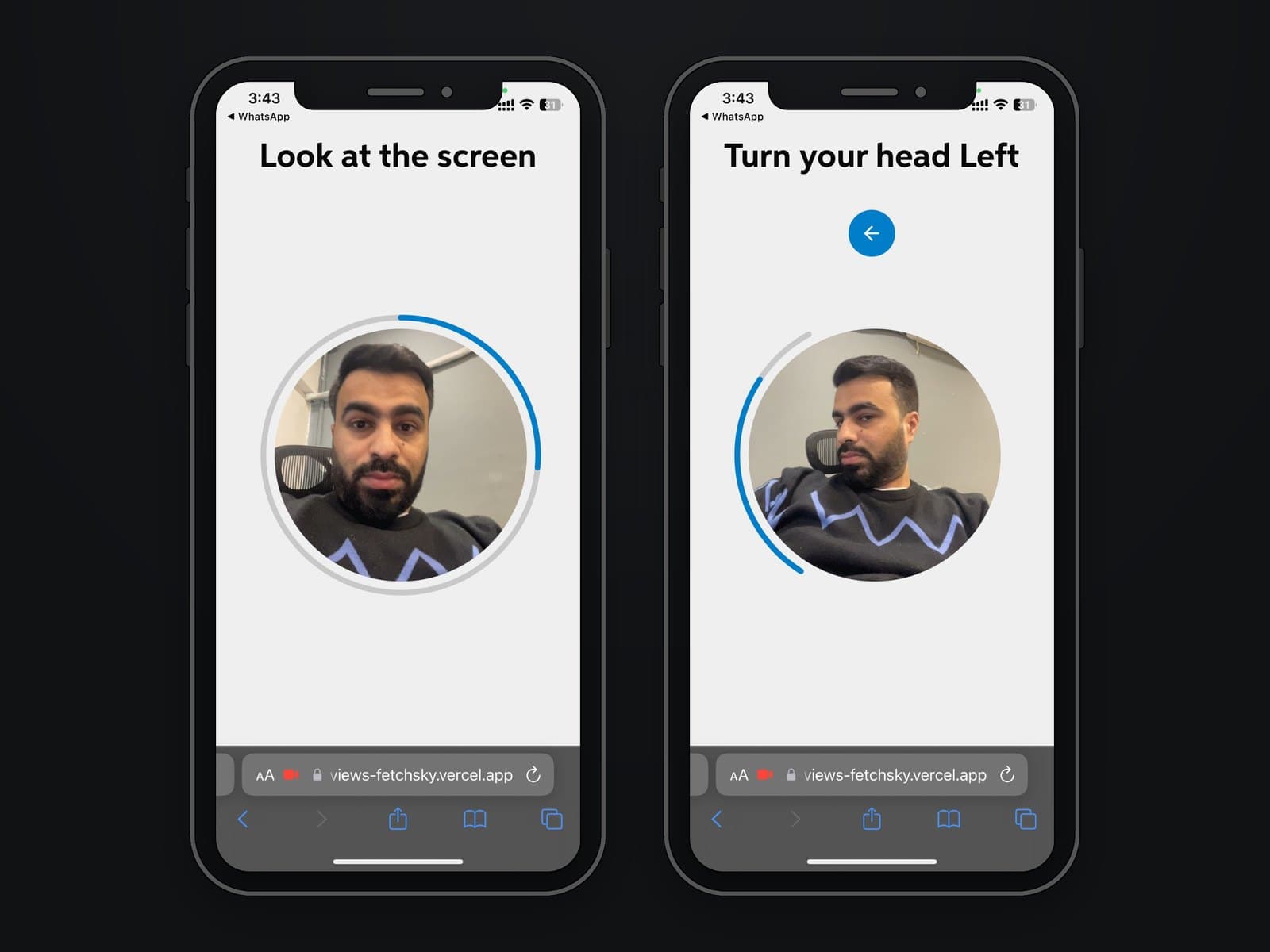 Kashf liveness check on a phone: Look at the screen, then Turn your head left, with a progress ring around the live video